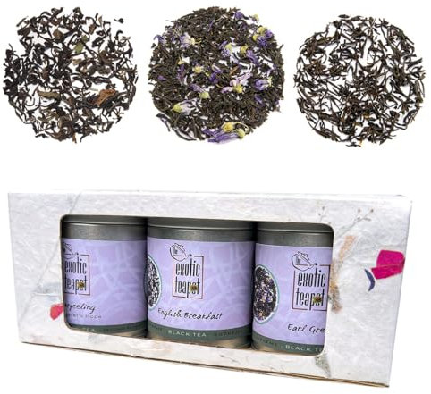 The Exotic Teapot - Black Breakfast Tea Selection Gift Box, Three 50g Tins of Supreme English Breakfast, Darjeeling Margaret’s Hope & Earl Grey Loose Leaf Tea