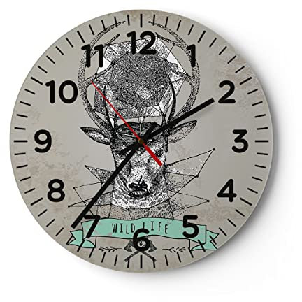 Modern Wanduhr Hirsch Geweih Wald 40x40cm Rund Groß Wand Uhr Glas Analog Zimmeruhren Küche Büro Wohnzimmer Glasuhr Wall Clock Dekoration Design Wanddekoration Küchenuhr C4AR40x40-3072