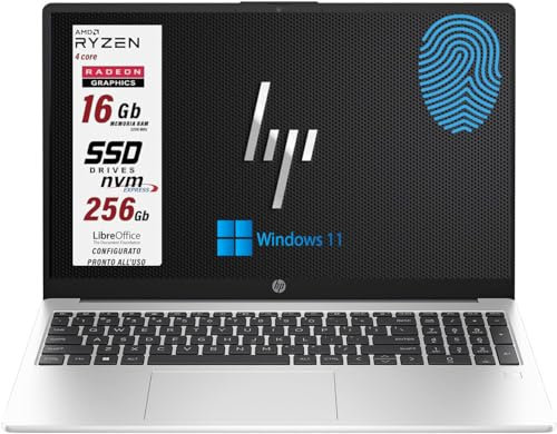 HP 255 G10 Notebook portatile Silver, AMD Ryzen 3 7330 4 core 4.3 Gghz, RAM 16GB, SSD PCi 256GB, display FHD 15.6, Tastiera retroilluminata, Fingerprint, Wi-fi 6, usb, Win 11 Pro, pronto all'uso, ita