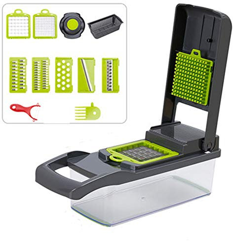 LTLCLZ Chopper À Légumes,7 Interchangeable Coupe Légumes,with Drain Basket Trancheuse À Fruits Dicer Hachoir,avec Garde Main pour Carotte, Fromage, Oignon, Tomate,Square