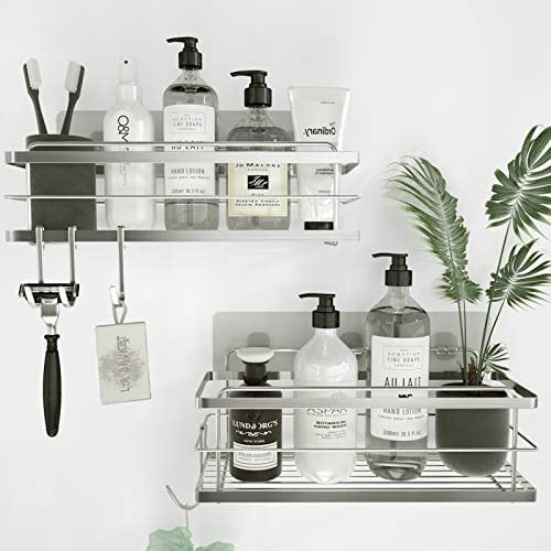 KINCMAX 2X Duschablage ohne Bohren - Edelstahl Badezimmer Organizer - Duschregal ohne Bohren - Badaccessoires - Duschkorb selbstklebend mit Haken - Shower Shelf - Silber