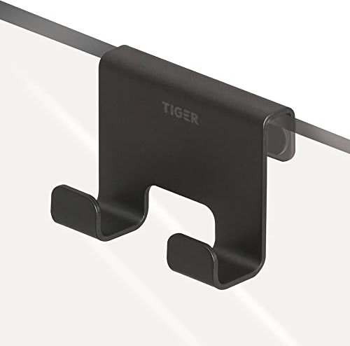 Tiger Caddy Haken für Duschkabine und Glastüren, Handtuchhaken zum Einhängen auf der Glaswand, Türhaken passend für Glasstärken von 6-8 mm, Montage ohne Bohren, Edelstahl, Farbe: Schwarz