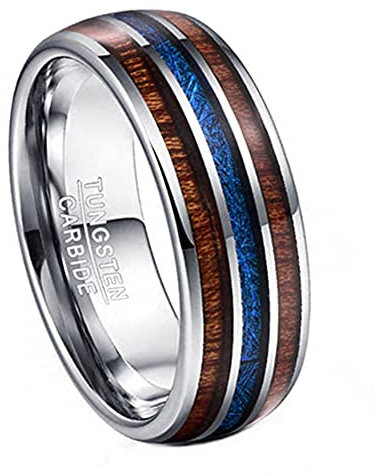 Corato Hawaii Koa Holz Verlobung Ring für Herren Damen Blau Meteorit Wolframcarbid Ring 8mm Silber Gewölbter Stil Größe 66(21.0)