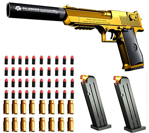 AGDLLYD Spielzeug Pistole,Wüstenadler,Kinder Pistole mit Schalldämpfer,Schaumstoff-Blaster,40 Darts,1:1 Spielzeugpistole-Look echt,für Sicherheitstraining oder Spiel (Gold)
