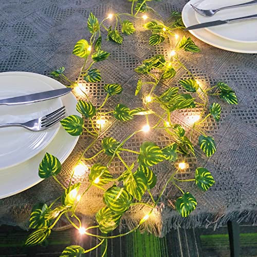 Künstlicher Wassermelonenblätter Hinterlässt LED-Lichterkette Hängende Rebe Girlande Efeu Kranz Gefälschte Efeu Pflanze Splitter Draht Lichterkette Dekoration (2m/20 Lichter, Wassermelonenblätter)
