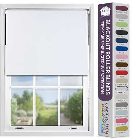 FURNISHED Blackout Roller Blind with Metal Fittings Trimmable Insulated Thermal Fabric Heavy-duty Easy Install Brackets Window Roller Blinds - White, 130W x 165H cm