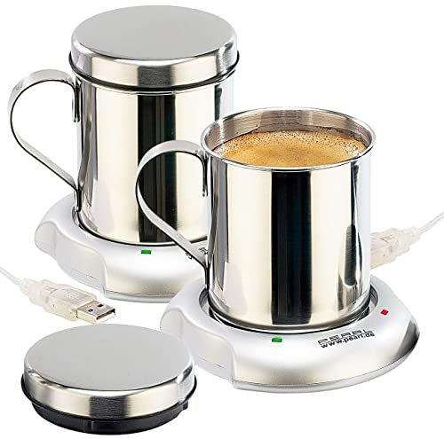 PEARL USB Tassenwärmer: 2er-Set USB-Warmhalteplatten mit Isolier-Tasse (Getränkewärmer, Elektrischer Tassenwärmer, Camping Wasserkocher)