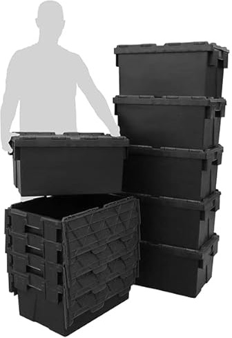 Pack of 10 - Plastic 55 Litre Heavy Duty Storage Boxes (60 x 40 x 30.6cm) Plastor Black Crates with Attached Hinged Lids