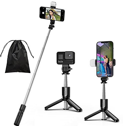 KOMI Selfie Stick with Light,4 in 1 Extendable Selfie Stick Tripod with Detachable Wireless Remote,Portable Phone Tripod Stand Compatible with iPhone Samsung Android GoPro (Mini Black+Light)
