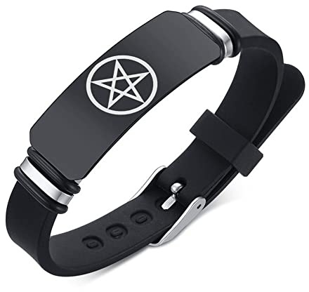 KBNSUIAN Schwarzer Edelstahl Heidnischer Satan Umgekehrtes Pentagramm Silikon Armband, Wicca Goth Umgedreht, Pentacle Stern Amulett symbolischer Armreif, Herren Baphomet Schmuck, verstellbar