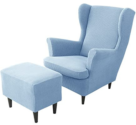 JHLD Stretch Husse für Ohrensessel Mit Ottomane Schonbezug, 2 Stück Jacquard Bezug Mit Hockerbezug für Hunde Katzen - Hellblau - 3 Stück