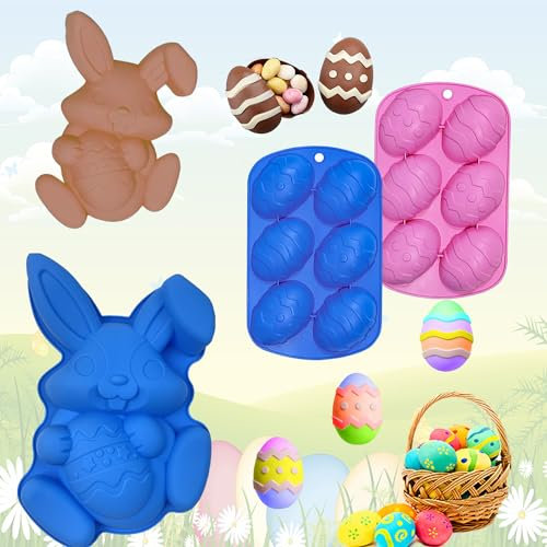 3 Pcs Molde de Silicona de Pascua, Molde de Silicona para Pastel de Pascua, Molde Chocolate Huevo de Pascua, Molde Huevos de Pascua, Molde Conejo Pascua, para Hacer Tartas, Dulces, Chocolate, Fondant