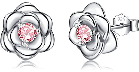 Klein Rose Ohrstecker Silber 925 für Damen Mädchen, Silber Rose Ohrringe mit Rosa Zirkonia Zierliche Knorpel Tragus Helix