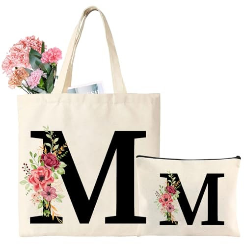 Tarklanda Borsa Personalizzata con Iniziale, Borsa Tote in Tela con Iniziali, Tote Bag Lettere, Regali per Donna, Mamma, Amica, Compleanno, Festa della mamma (M)