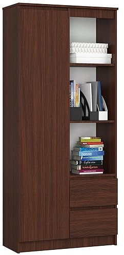 AKORD Bücherregal CLP 80 cm 7 Regale 2 Schubladen und Türen | für Dokumente Bücher für einen Schlafzimmerschrank Bücherregale Laminierte Platte 16 mm | Wenge