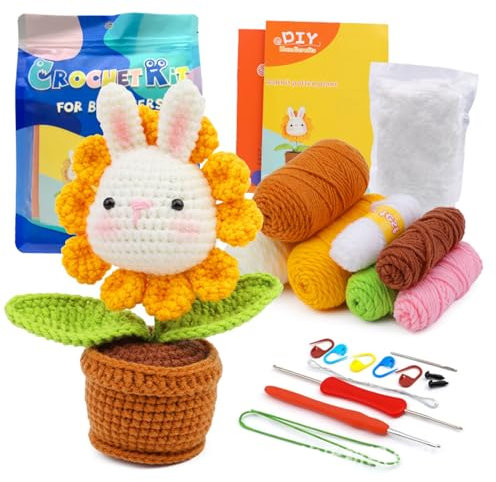 AKOFIC Beginner Crochet Kit for Adults & Kids, Flower of Rabbit Complete Knitting Plants Kit, Crochet Starter Kit with Step-by-Step Video Tutorials, Learn to Crochet Kits, DIY Handmade Crafts Gifts