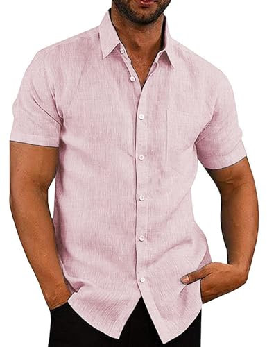 COOFANDY Chemise en Lin pour Hommes à Manches Courtes Légère Chemise d'Été Chemisier Décontractée avec Poche de Poitrine Chemisier de Plage Rose M