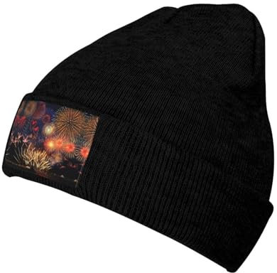 Unisex-Mütze mit Feuerwerks-Aufdruck, Winter, warme Mütze, Strickmütze, lässiger Hut für Erwachsene, Schwarz, Einheitsgr��e
