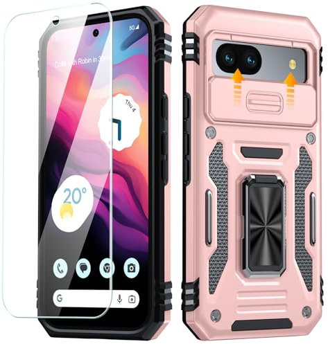 ANTSHARE Coque pour Google Pixel 8a,avec Protecteur d'écran HD,Lentille Coulissante Couverture,Support 360° Rotatif,Coque Pixel 8a Militaire PC Dur Renforcée Armor Antichoc Bumper Housse Etui,Or Rose