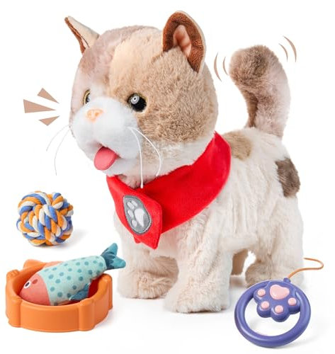 TUMAMA Interattivo Elettronica Peluche Gatto Giocattolo per Bambini,Camminare Realistico Gatto Giocattolo che Cammina,Miagola,Lingua Fuori e Scodinzola, Kitten Pet Giocattolo con Guinzaglio
