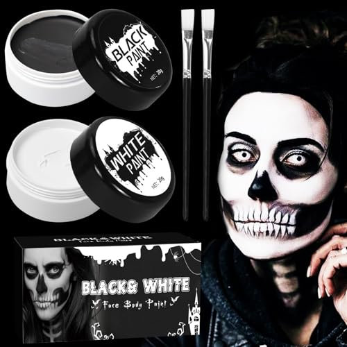 Maquillaje Halloween 100g Pintura Blanco y Negro con 2 Pinceles Cara Halloween Makeup Pinturas Corporales Blanco y Negro Pintura Facial para Maquillaje Teatral para Carnaval Fiesta Cosplay