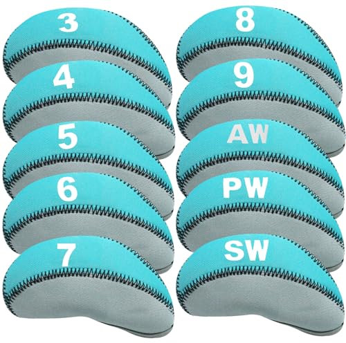 AMRTA Golf Club Iron Head Cover 10 Pack Protective Head Cover Fit All Iron Clubs Black Blue Orange Green (Cyan)
