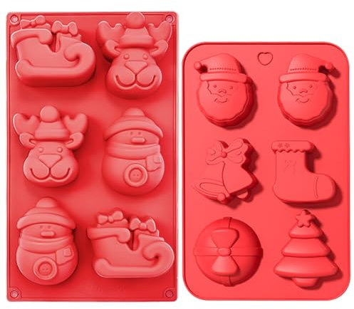 YXHZVON 2 Stampo Natalizio in Silicone per Cioccolatini, Antiaderente con 6 Cavità, con Motivi Natalizi per Cioccolatini di Natale, Muffin, Caramelle (Rosso)