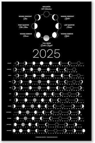Mondphasenkalender 2025 (flach versandt) – hängbares silbernes Mond-Wandposter – ideal als einzigartiges Geschenk, Mondverfolgung, Wanddekoration & Kunst, Astrologie-Dekorationen – ein himmlischer