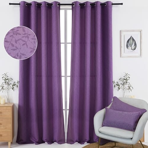 Viste tu hogar Pack 2 Cortinas Jacquard 150x260cm + 2 Cojines Rectangulares 30x50cm, Decoración Coordinada, Confort, Ideal para Salón de Otoño y Invierno, Color Lila