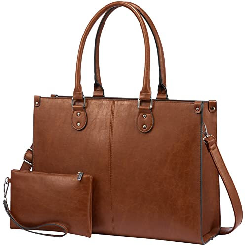 LOVEVOOK Laptoptasche Damen Handtasche Große 17.3 Zoll PU Leder Shopper Tasche Woman Shoulder Crossbody Tote Bag Arbeitstasche Aktentasche Umhängetasche für Business Lehrertasche Büro Schule, Braun