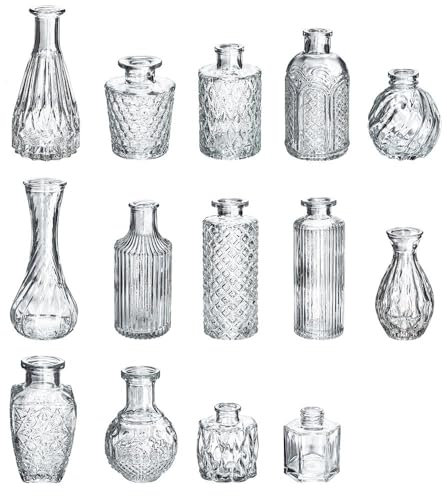 Ideen mit Herz Glas-Vasen | Miniatur-Vasen-Set | Blumenvasen Vintage | klar | Verschiedene Designs & Größen | 14 Stück