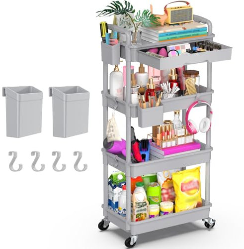 Yeabett Carrito de almacenamiento de 4 niveles con cajón, carrito utilitario con estante de plástico y ruedas bloqueables, carrito de almacenamiento multifuncional para cocina, baño, oficina, sala de