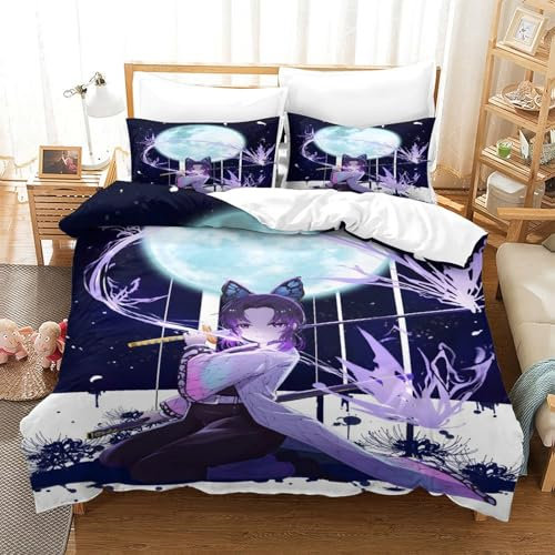 Anime Demon Slaye Mädchen Junge Kinder Bettbezug Set 3D Gedruckter Kochou Shinobu Cartoon Bettwäschegarnitur Und Kissenbezüge Bettwäsche Weich Microfaser Reissverschluss 3 Teilig Single(140x200cm)