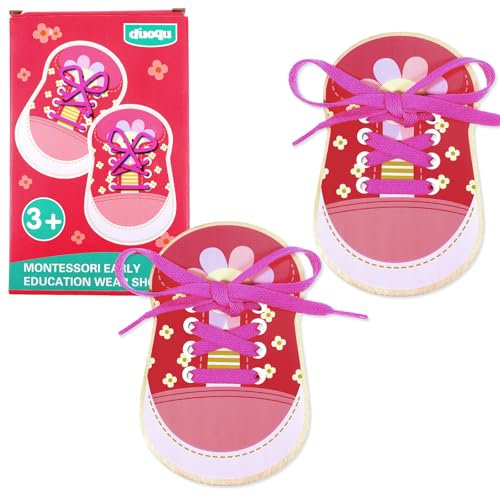 AOZUO 2 Stück Schnürschuh Aus Holz, Schleife Binden Lernen für Kinder Üben Sie das Einfädeln und Binden von Schnürsenkeln, Kinder üben das Erlernen des Schnürsenkel Lehrbretts Spielzeug(Rot)