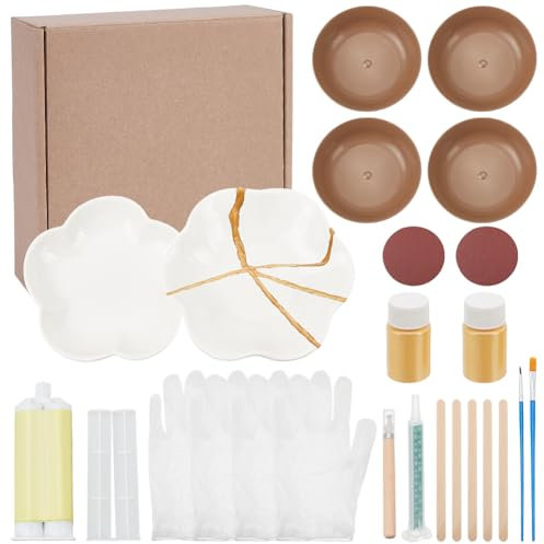 WEBEEDY - Kit de reparación Kintsugi de oro, kit Kintsugi completo y moderno con cerámica práctica y 50 ml de pegamento alimentario para principiantes para reparar cerámica rota