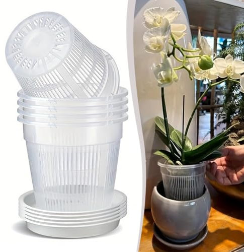 6 macetas transparentes para orquídeas, macetas de plástico para orquídeas con agujeros de drenaje y platillos, para plantas de flores, macetas de vivero, kit de trasplante de orquídeas (11 cm/14 cm