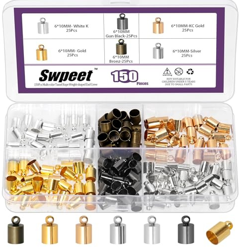 Swpeet 150pcs 6 Farbe 6 × 10mm Messing Cord End Cap mit Loop Ring Kit, Leder Enden Caps, Spalte End Cap Terminatoren, Leder Cords Enden Perlen Cap für DIY Ohrringe Schmuck Herstellung