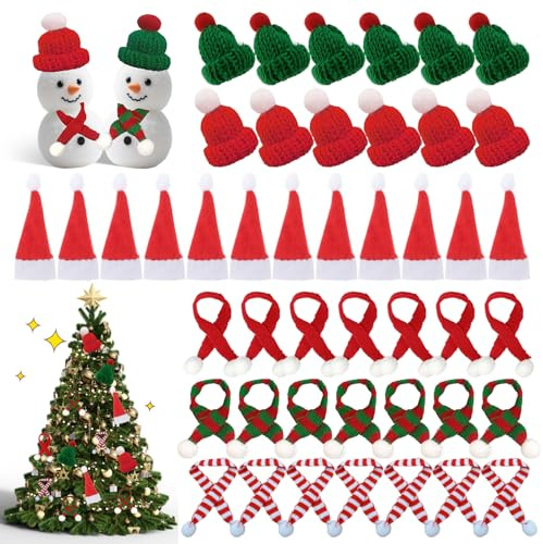90 Stück Mini Weihnachtsmütze und Schal Set Mini Weihnachtsmützen Kleine Weihnachtsmützen Rot Grün Mini Weihnachtsmütze für Flaschen Deko Weihnachten, Schneemann Dekoration und Tischdeko Weihnachten