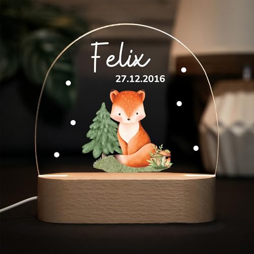 LARIFEE Nachtlicht Fuchs mit Name – Personalisiertes LED Nachtlicht für Kinder – Lampe aus Acrylglas & Holz, dimmbar – Geschenk zur Geburt oder Taufe