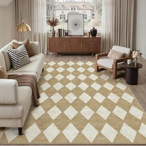 PureCozy Waschbarer Teppich Wohnzimmer 200x300cm Kariert Groß kurzflor rutschfest Weich Moderner Boho Teppiche für Schlafzimmer Küchen Esszimmer Bedroom Living Room, Braun & Weiß