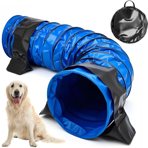 Briwooody 24 in 10 Foot PVC Dog Agility Tunnel with Sandbags Dogs Agility Training Equipment Tunnel with 2 Pack Sandbags, Carry Bag and 4 Ground Spikes for All Medium Large Dogs(Blue)