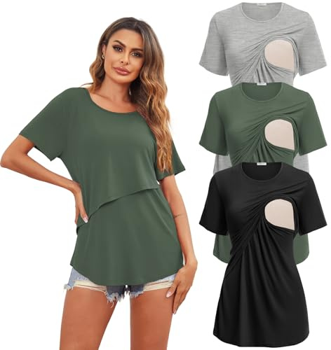 Ekouaer 3-pack dam amningstoppar kortärmad moderskapskläder sommar dubbelt lager amningstopp lös passform t-shirt graviditetskläder