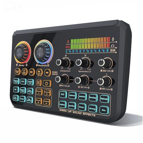 Live Sound Card Audio Mixer, Soundboard DJ Pult mit Voice Changer Mehrere Audio Interface DIY Oundeffekte und Hintergrundmusik Mischpult für Tiktok Karaoke Gaming Live Streaming