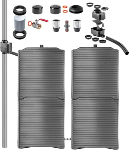 KADAX 4 serbatoi per acqua piovana da 125 litri con raccolta di pioggia e set di collegamento A+B, bidoni modulari per acqua piovana in plastica robusta, grande serbatoio per acqua piovana per