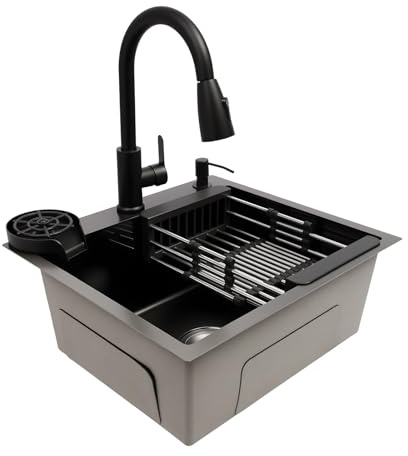Fregadero de cocina negro, 50 x 45 cm, acero inoxidable, con grifo extraíble y limpiador de cristales, empotrable en la cocina, 1 lavabo (50 x 45 cm, grifo extensible)