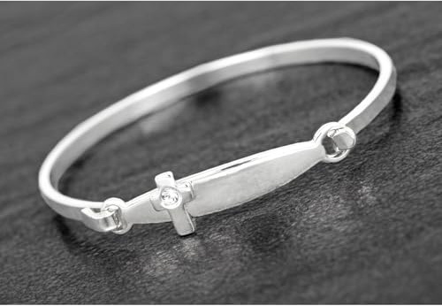 Equilibrium Silver Plated Christening Bangle with a cross