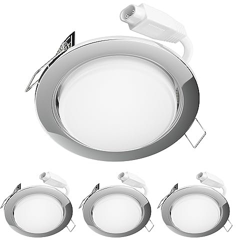 ledscom.de LED Decken-Einbaustrahler RUBA chrom GX24,8W je 509lm warmweiß rund flach 107mm Ø Lochkreis ca. 83-100mm Ø 4er Set