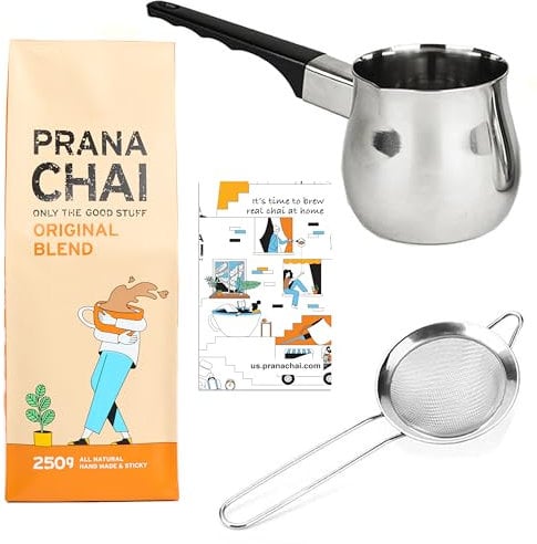 Prana Chai 1 bag chai lovers starter pack including chai teapot, fine mesh strainer and 1 bag of all-natural masala blend. Only the Good Stuff.
