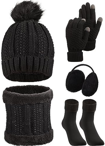 SATINIOR 5 Stück Damen Winter Ski Ausflug Set Strickmütze Schal Handschuhe Ohrenschützer Strümpfe (Schwarz)