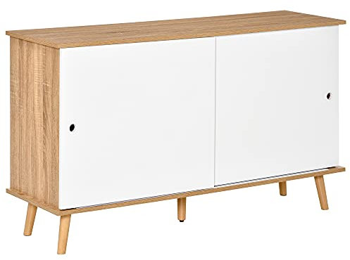 HOMCOM Aparador de Cocina Buffet para Salón con 2 Puertas Correderas Estantes Interiores Ajustables y Patas de Madera 130x40x74,5 cm Natural y Blanco